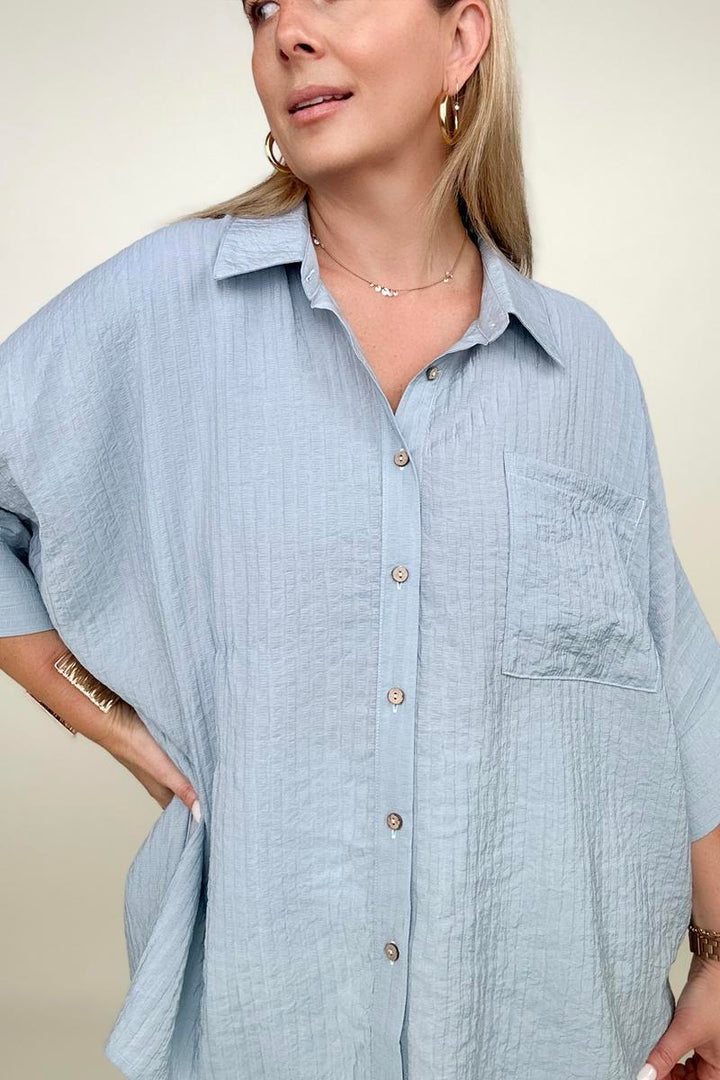 Blouses - Umgee Pleated Batwing Short Sleeve Button Up Top