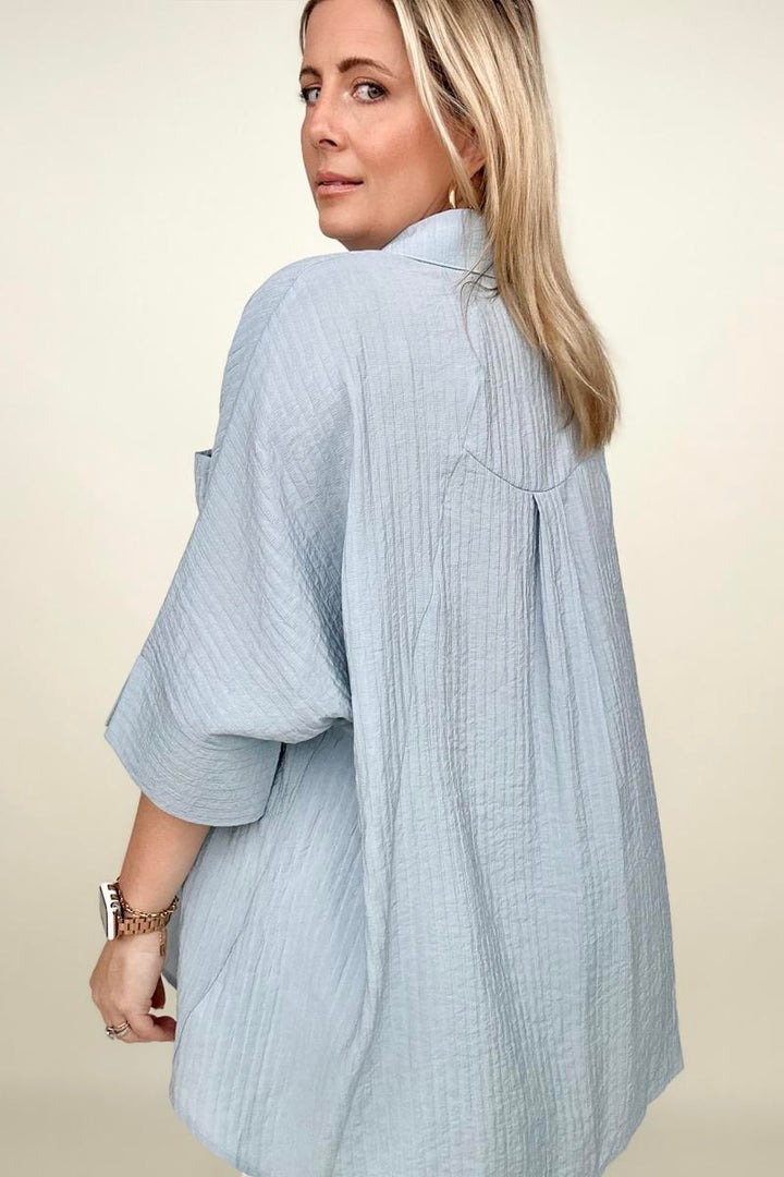 Blouses - Umgee Pleated Batwing Short Sleeve Button Up Top