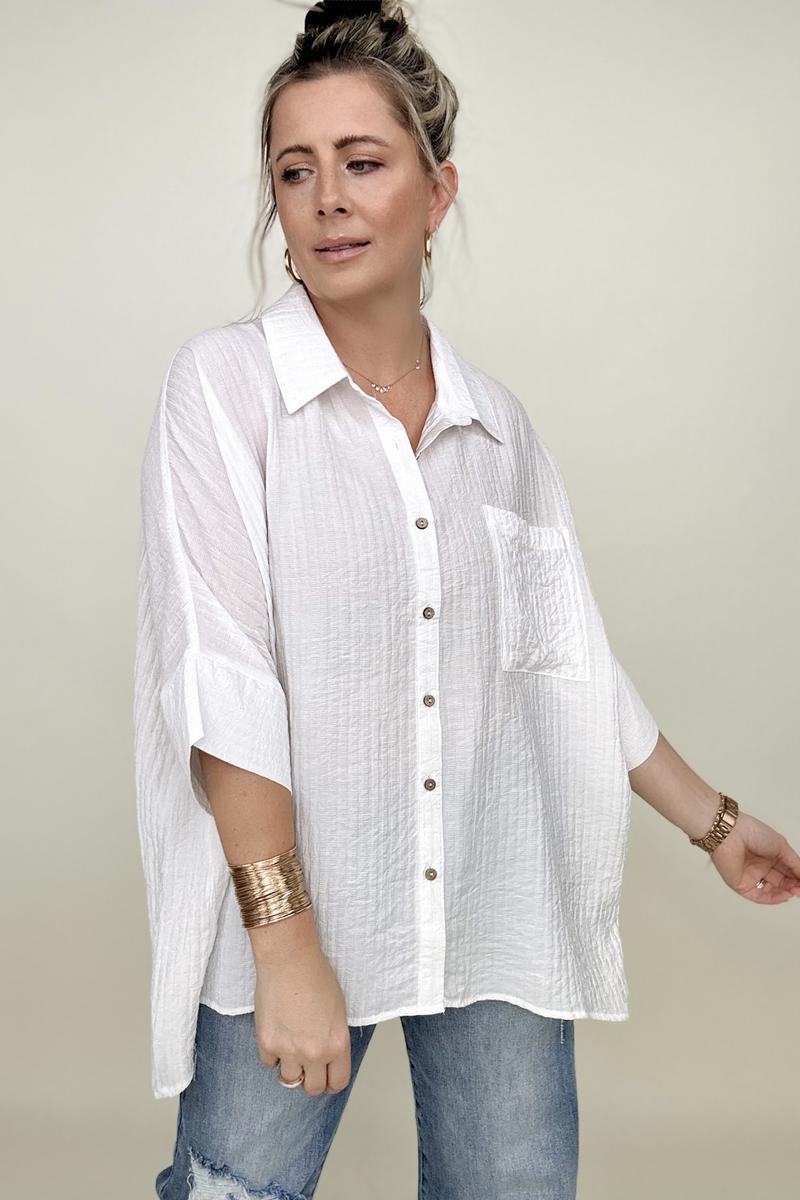 Blouses - Umgee Pleated Batwing Short Sleeve Button Up Top