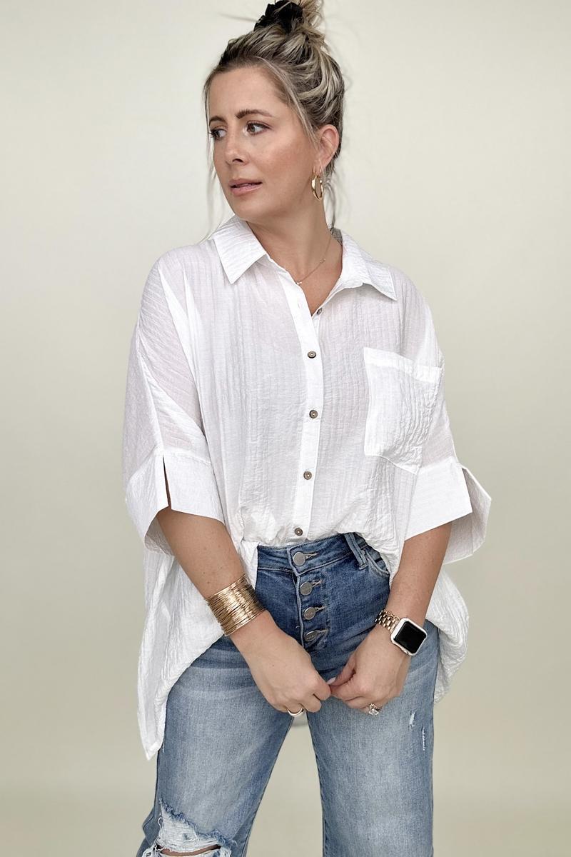 Blouses - Umgee Pleated Batwing Short Sleeve Button Up Top