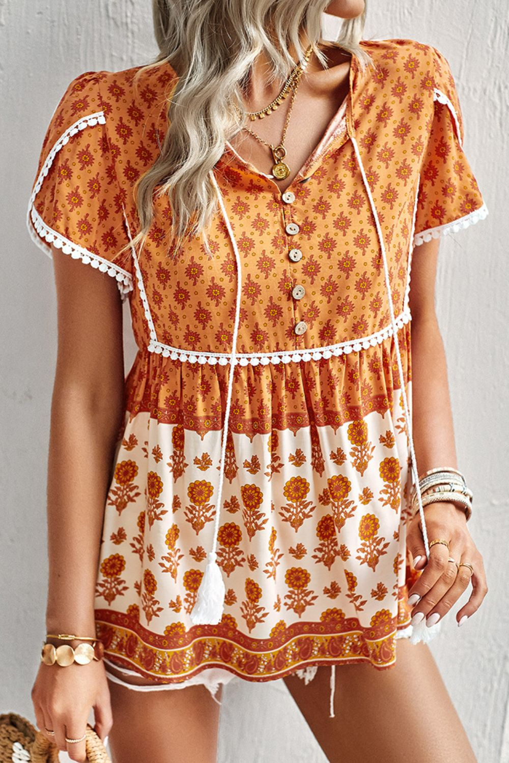 Bohemian Tie Neck Buttoned Blouse