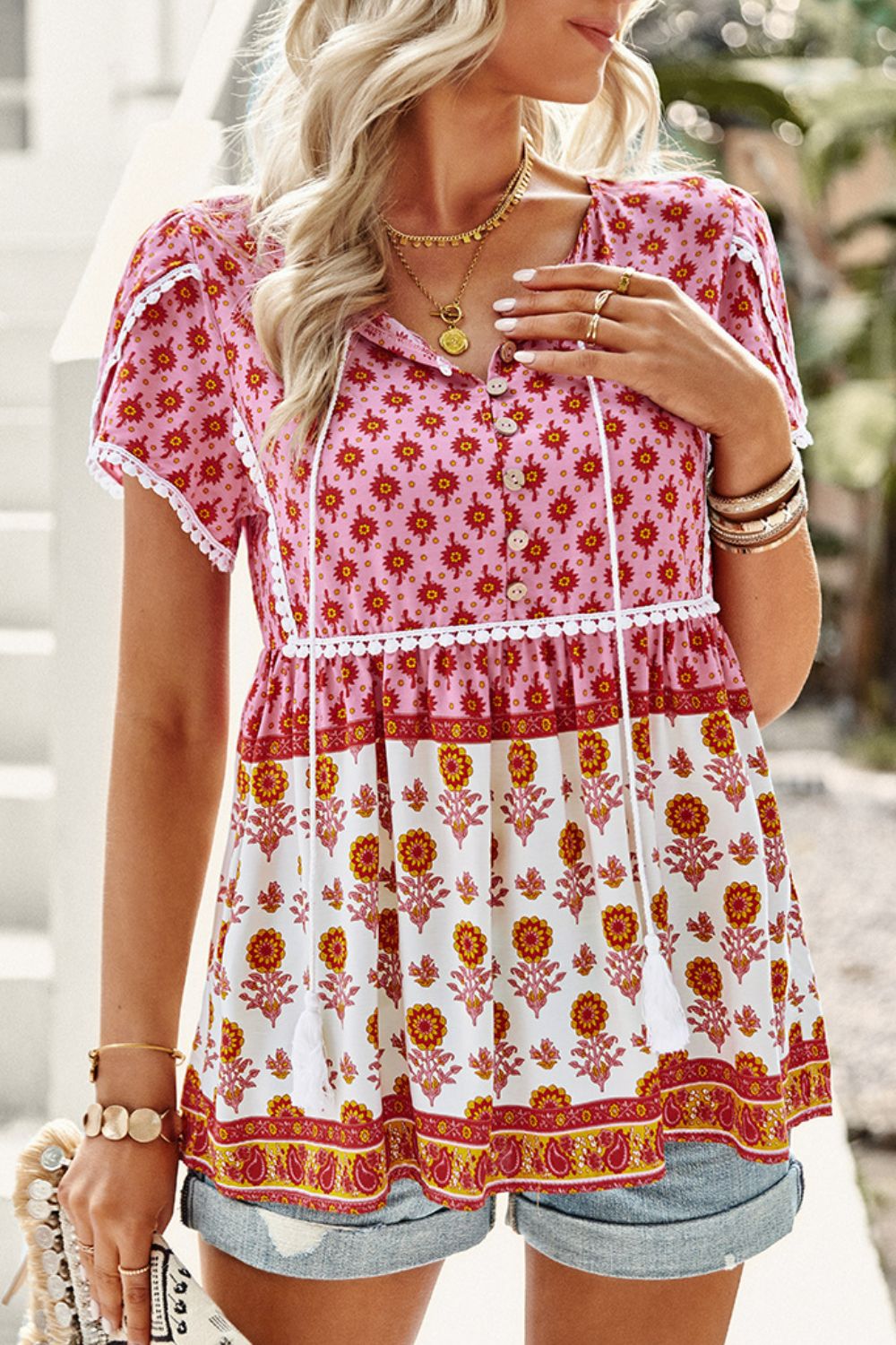 Bohemian Tie Neck Buttoned Blouse