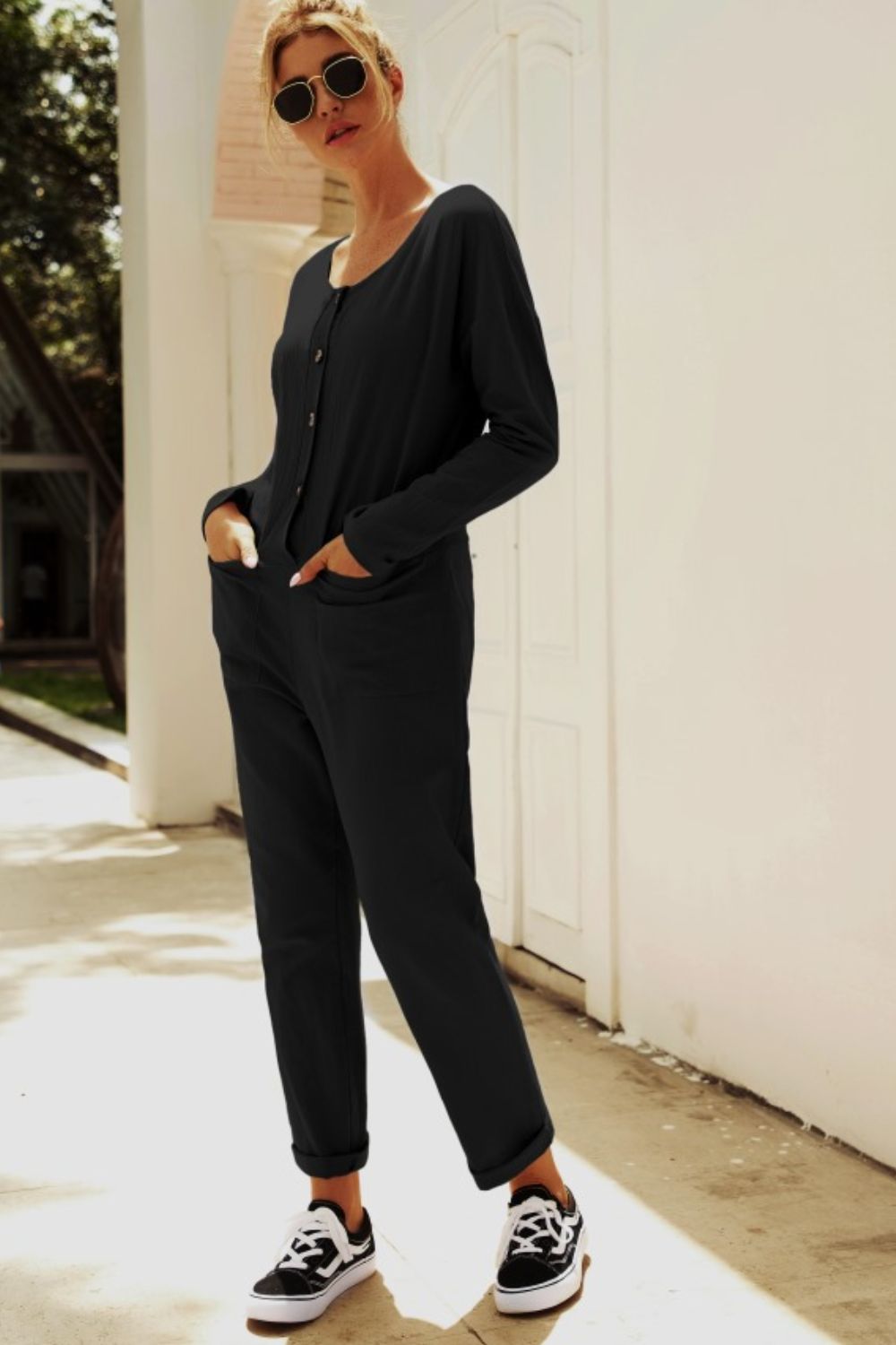 Buttoned Drop Shoulder Pocket Jumpsuit