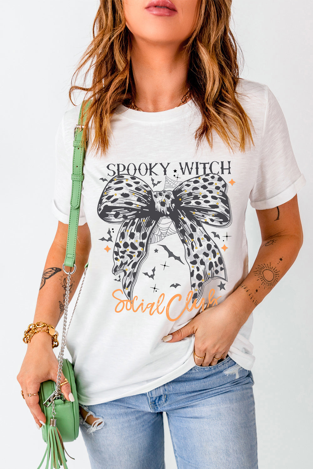 Spooky Witch Social Club Bow Graphic Round Neck Short Sleeve T-Shirt