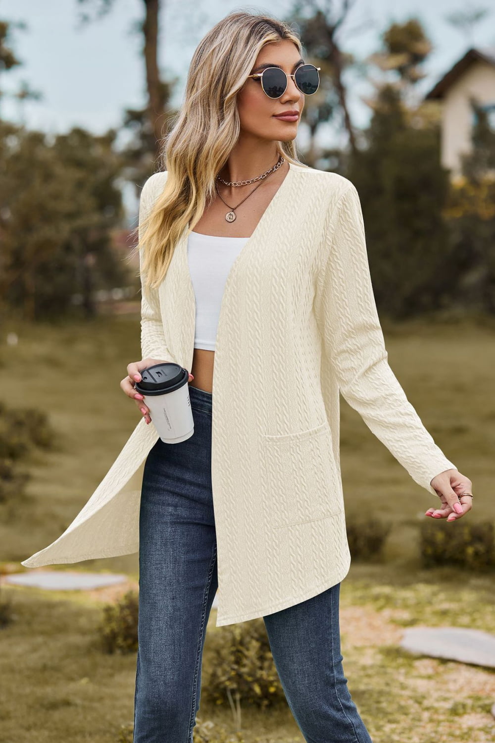 Cable-Knit Long Sleeve Cardigan With Pocket