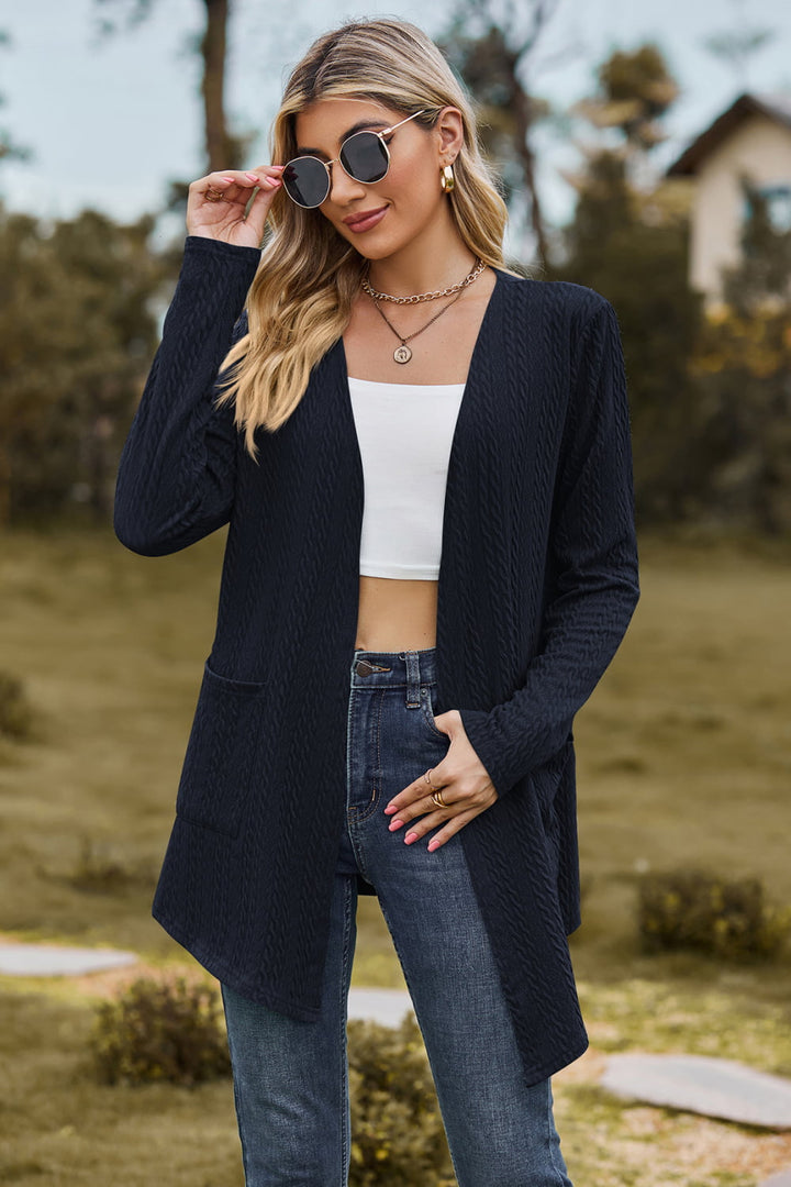 Cable-Knit Long Sleeve Cardigan With Pocket
