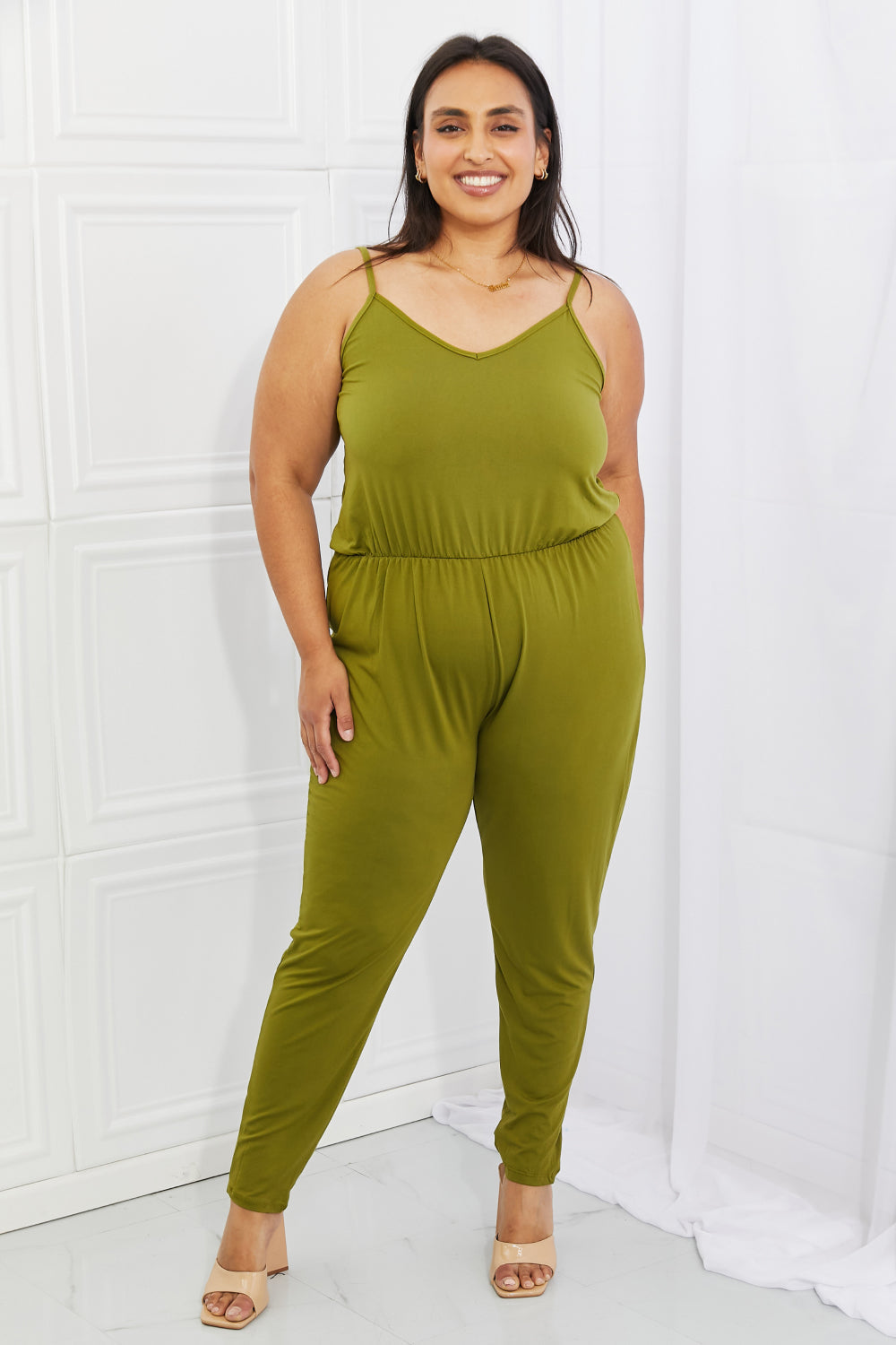 Capella Comfy Casual Full Size Solid Elastic Waistband Jumpsuit In Chartreuse