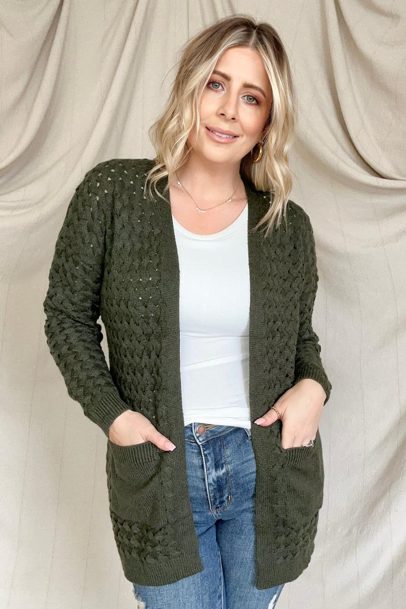 Cardigans - Open Front Woven Texture Knitted Cardigan With Pockets