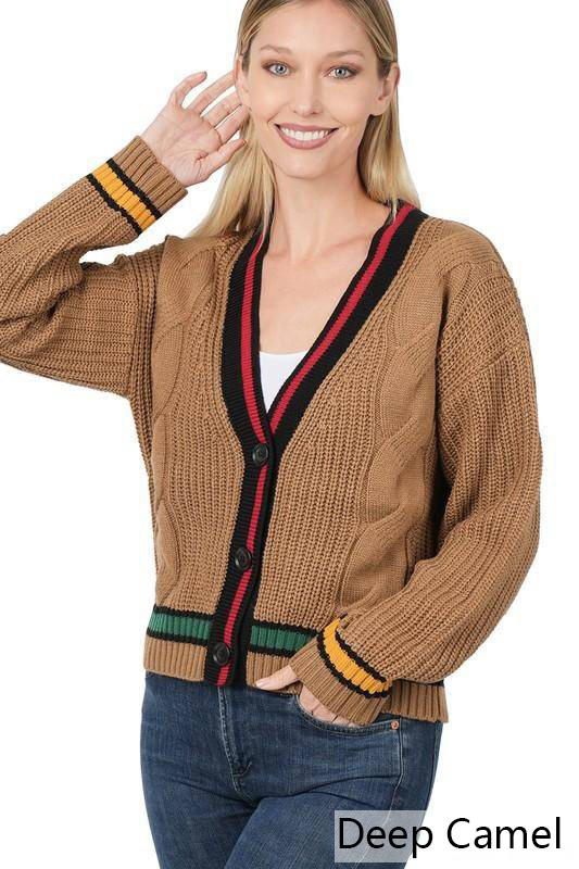 Cardigans - Zenana Contrast Trim Cable Knit Cardigan