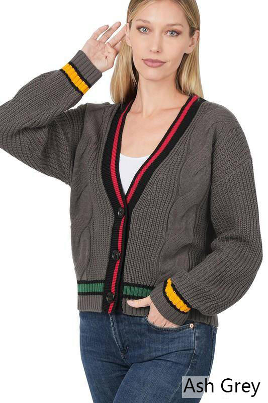 Cardigans - Zenana Contrast Trim Cable Knit Cardigan