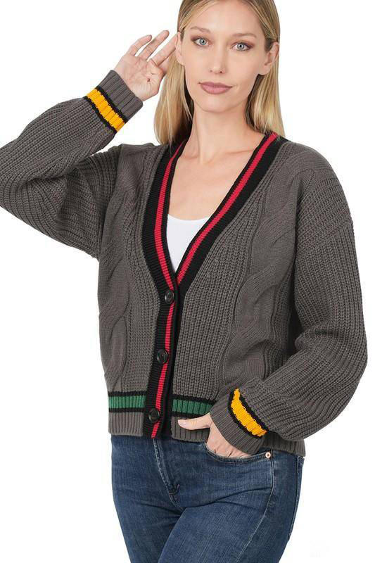 Cardigans - Zenana Contrast Trim Cable Knit Cardigan