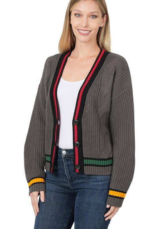 Cardigans - Zenana Contrast Trim Cable Knit Cardigan