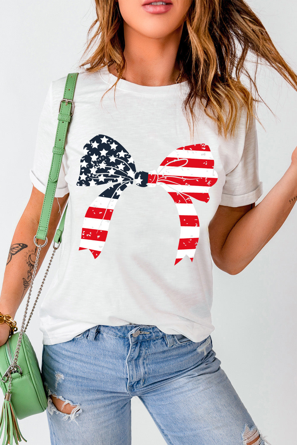 American Flag Bow Round Neck Short Sleeve T-Shirt