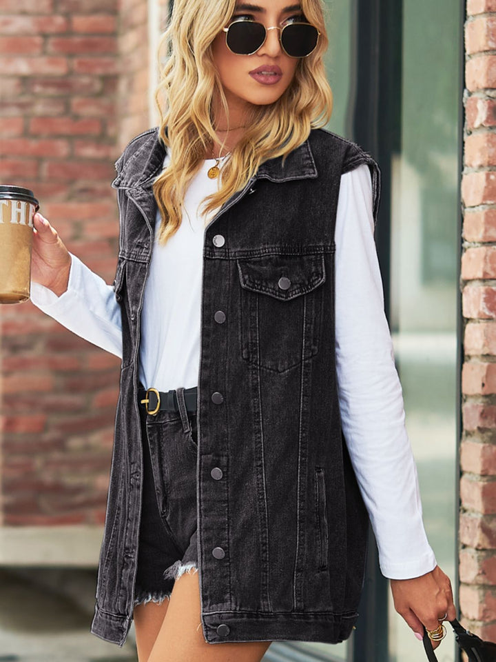 Collared Neck Sleeveless Denim Top With Pockets