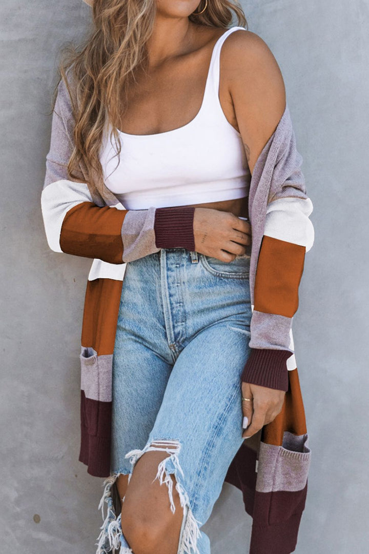 Color Block Open Front Ribbed Cuff Cardigan With Pockets