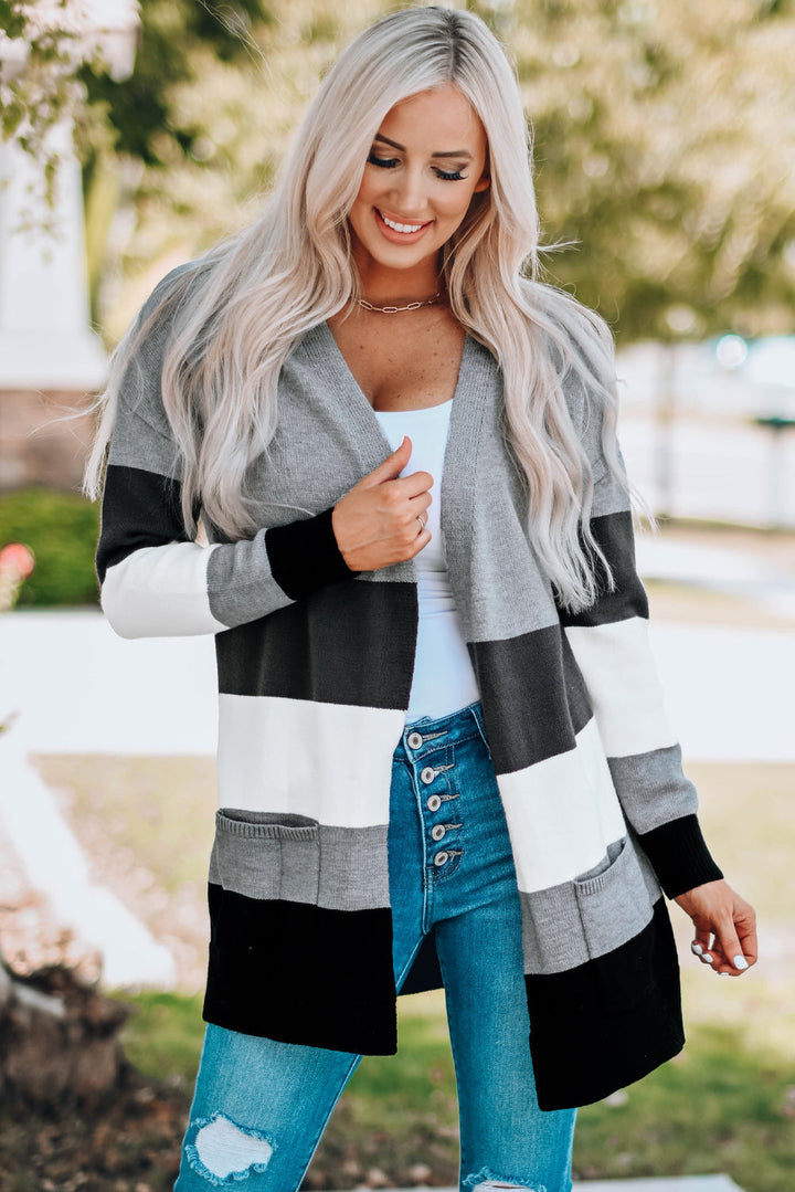 Color Block Open Front Ribbed Cuff Cardigan With Pockets