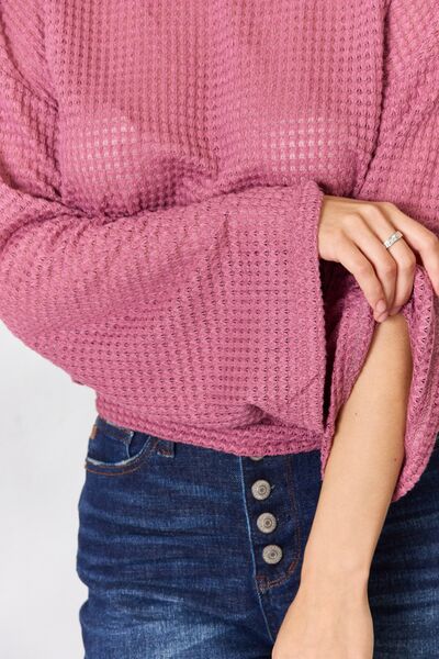 Culture Code Full Size Waffle-Knit Round Neck Long Sleeve Blouse