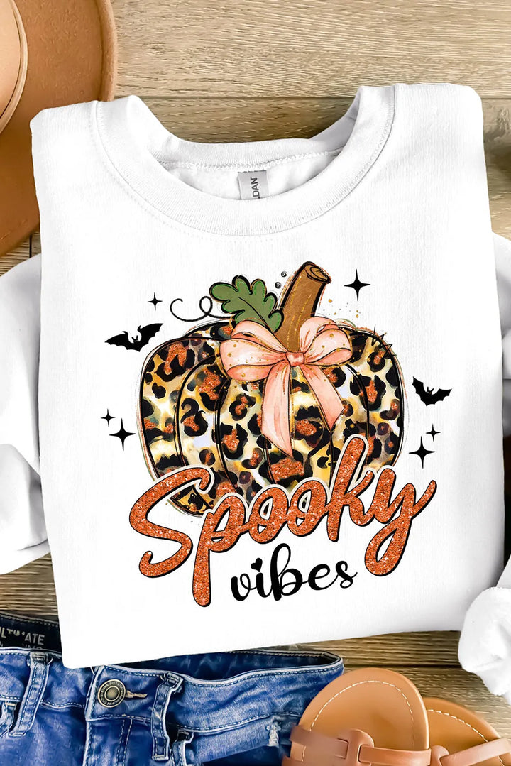 Leopard Pumpkin Spooky Vibes Graphic Round Neck Long Sleeve Sweatshirt