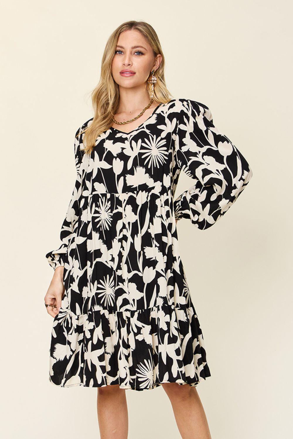 Double Take Full Size Printed Ruffle Hem Long Sleeve Dress