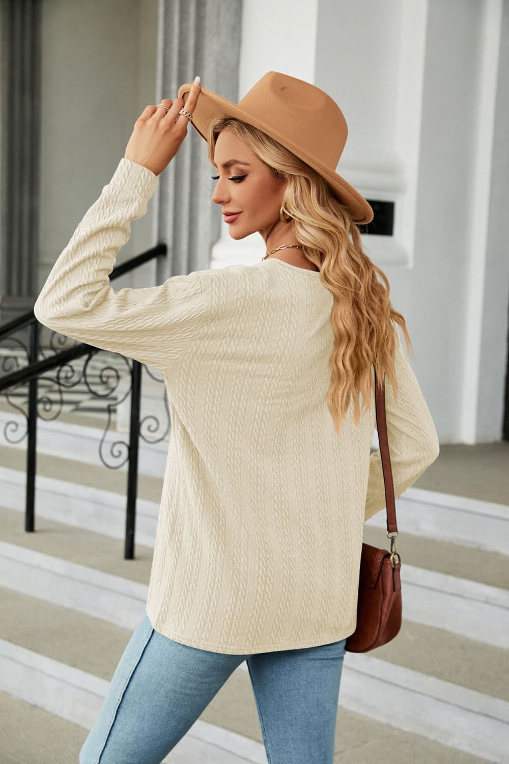 Decorative Button V-Neck Long Sleeve T-Shirt