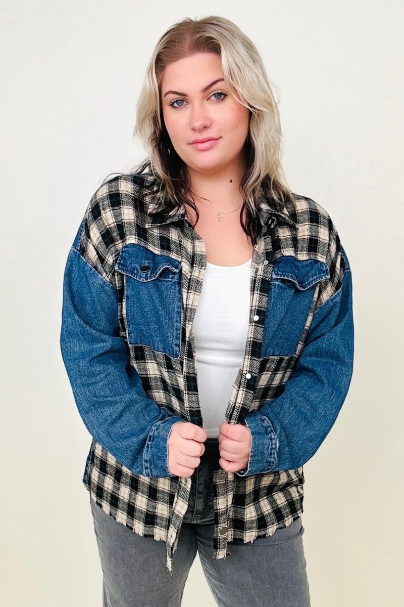 Denim Jackets - Cotton Bleu Brushed Plaid Denim Jacket