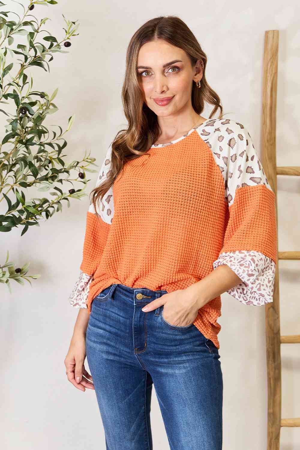 Double Take Leopard Waffle-Knit Long Sleeve Blouse