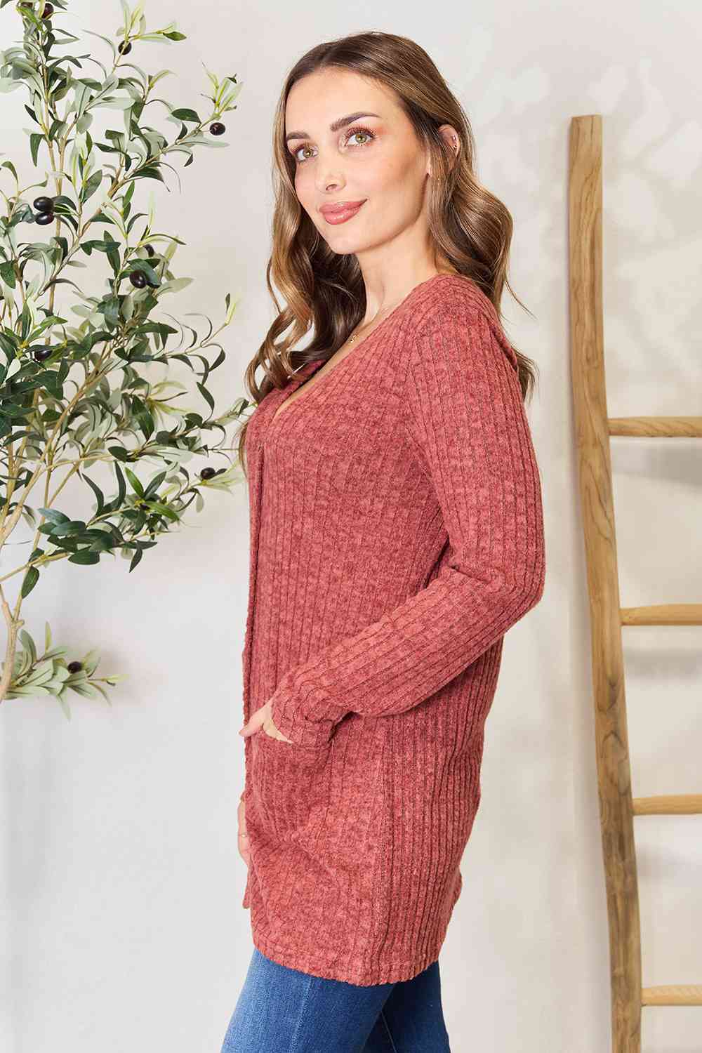 Double Take Ribbed Button-Up Cardigan With Pockets