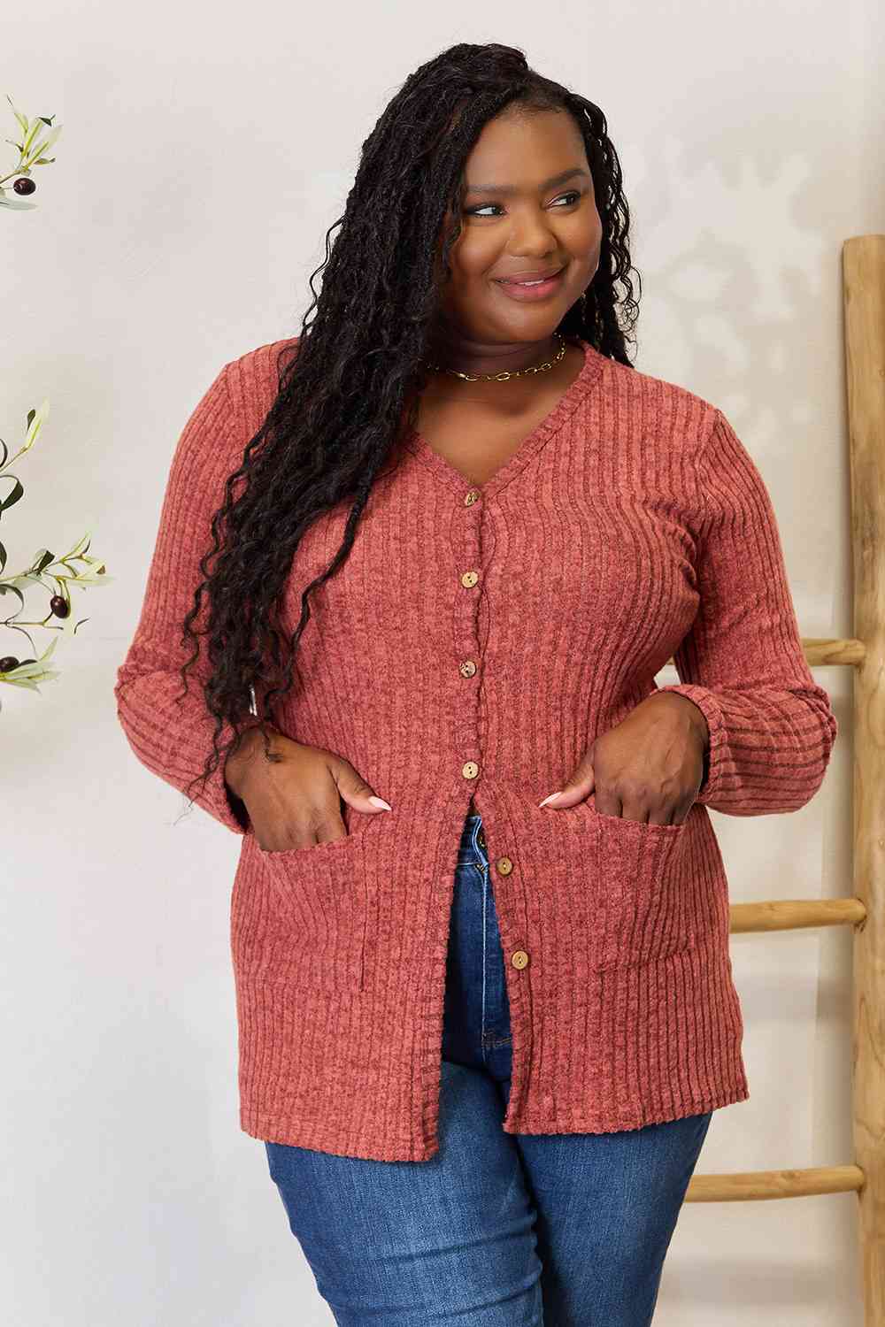 Double Take Ribbed Button-Up Cardigan With Pockets