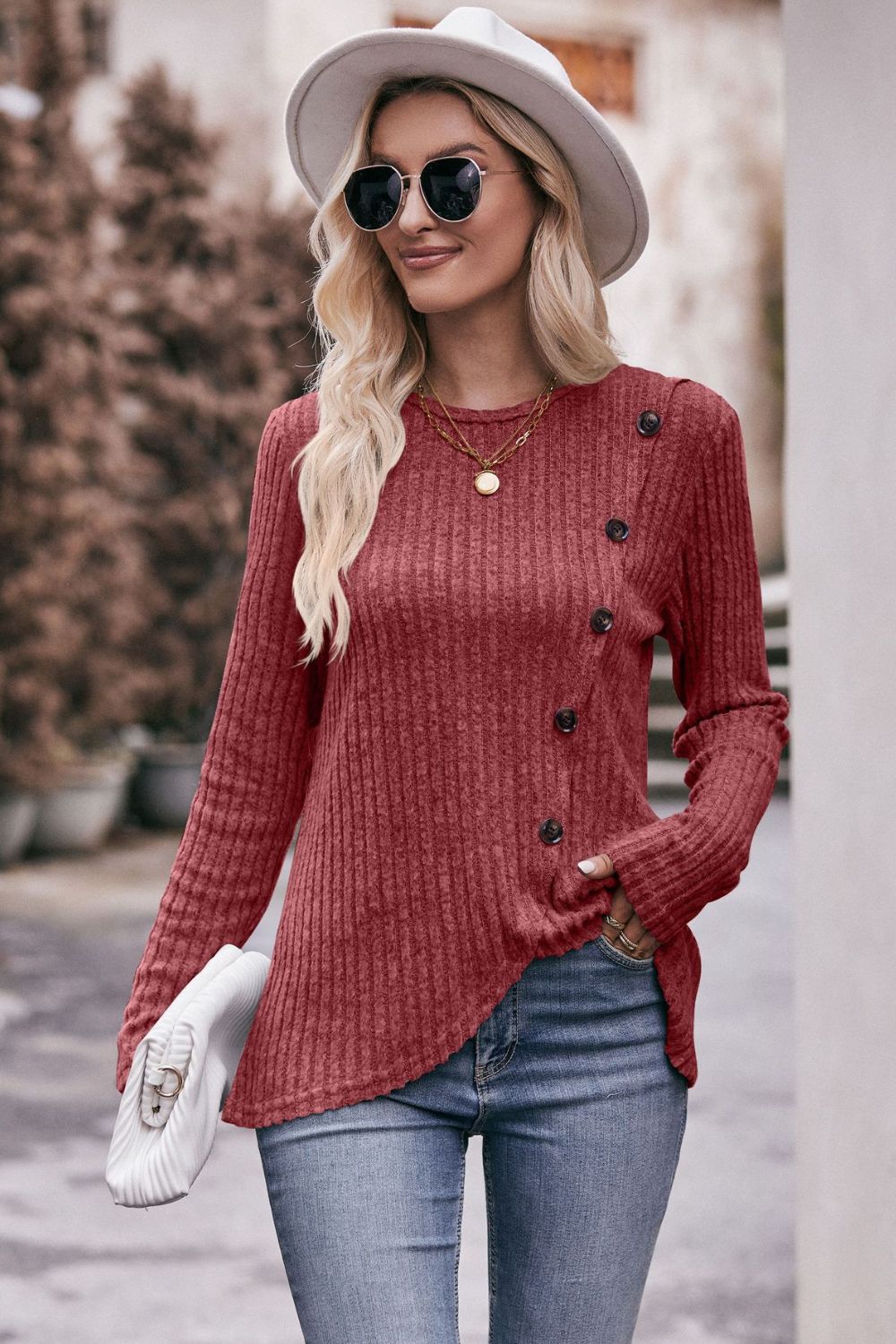 Double Take Ribbed Round Neck Buttoned Long Sleeve Tee