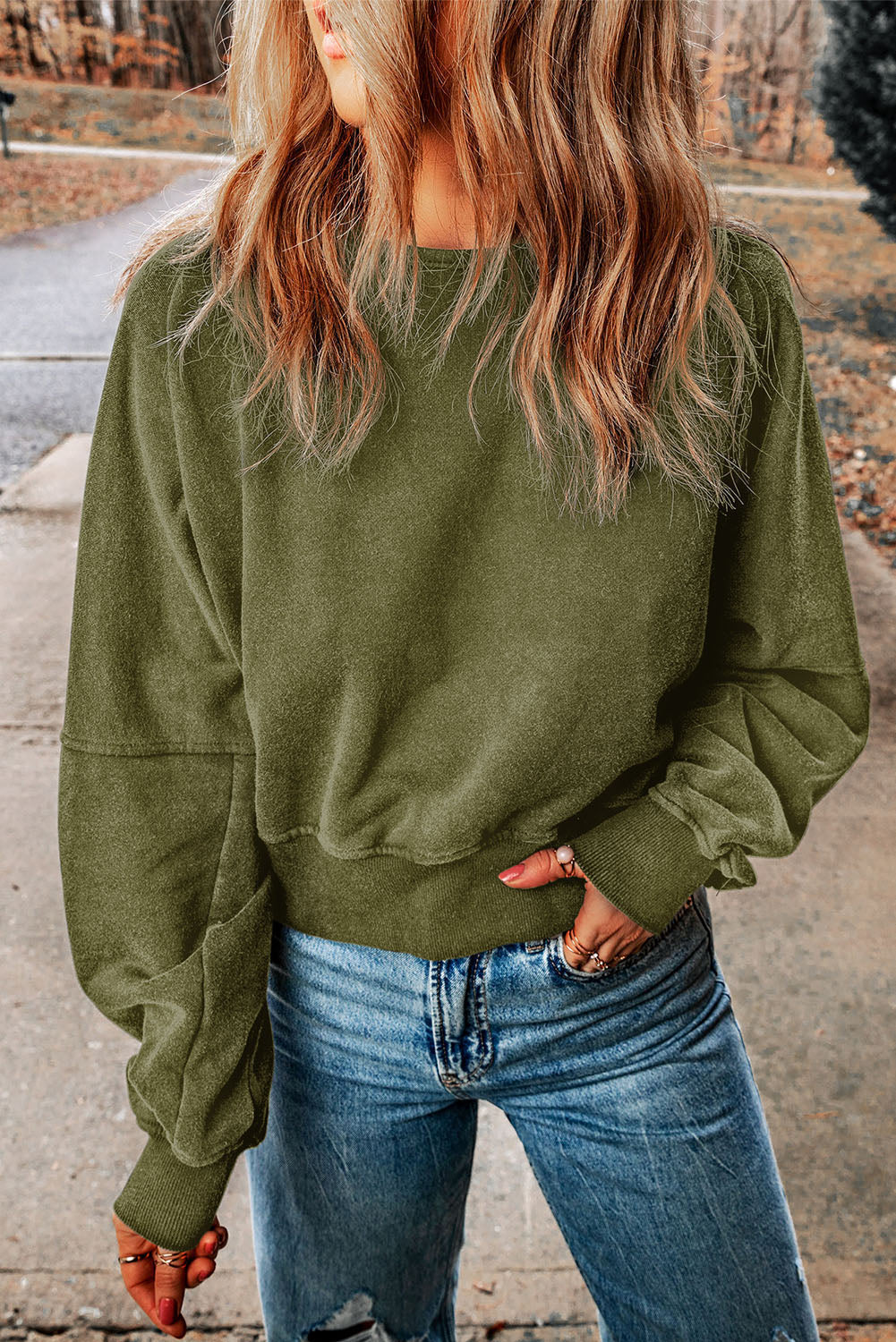 Double Take Round Neck Open Back Sweatshirt