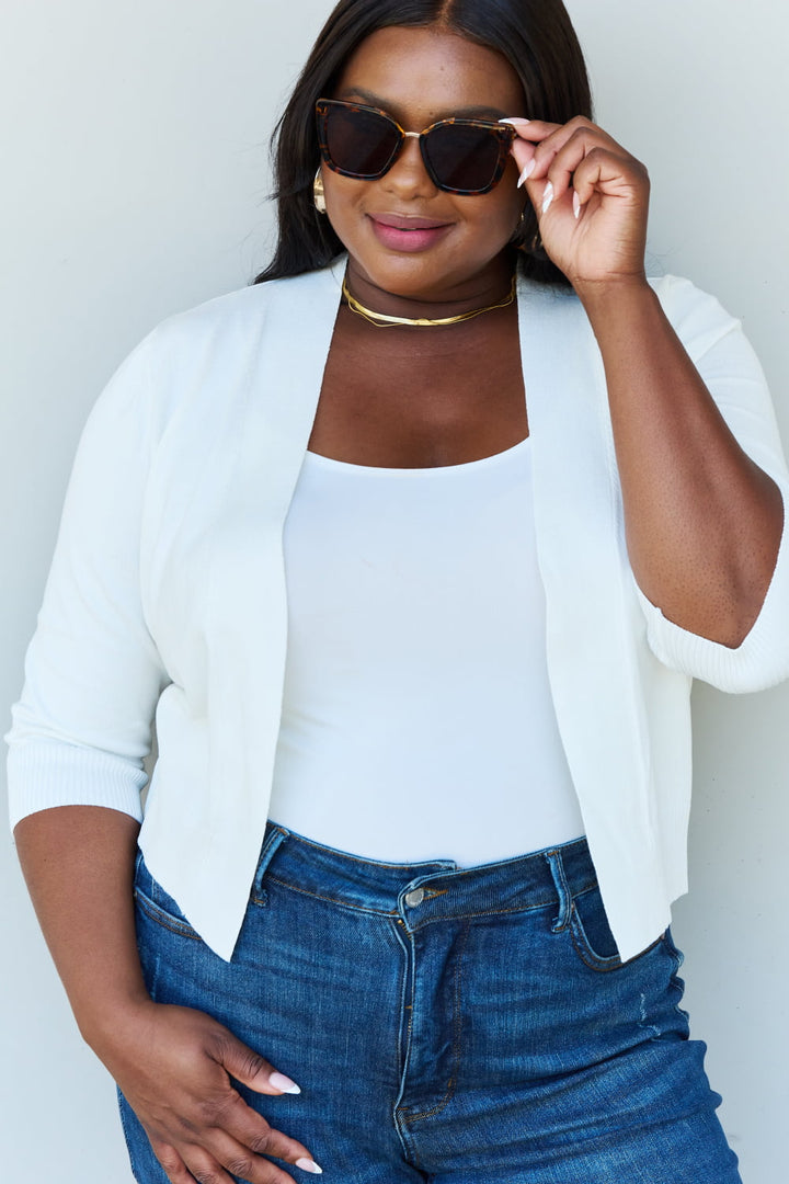 Doublju My Favorite Full Size 3/4 Sleeve Cropped Cardigan In Ivory