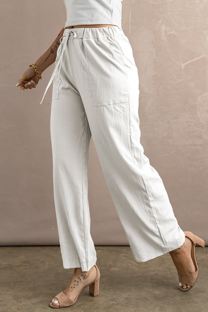 Drawstring Waist Crinkled Wide Leg Pants