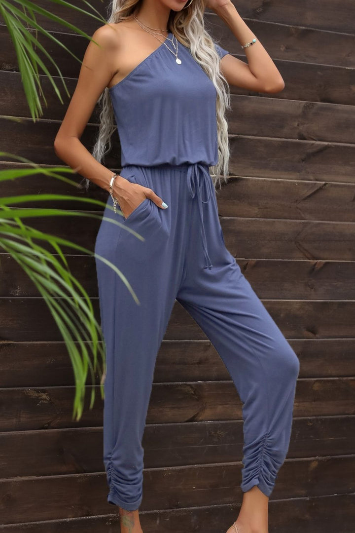 Drawstring Waist One-Shoulder Jumpsuit With Pockets