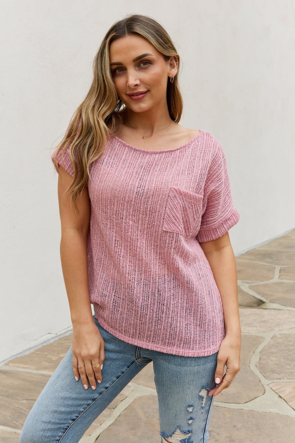 E.Luna Full Size Chunky Knit Short Sleeve Top In Mauve