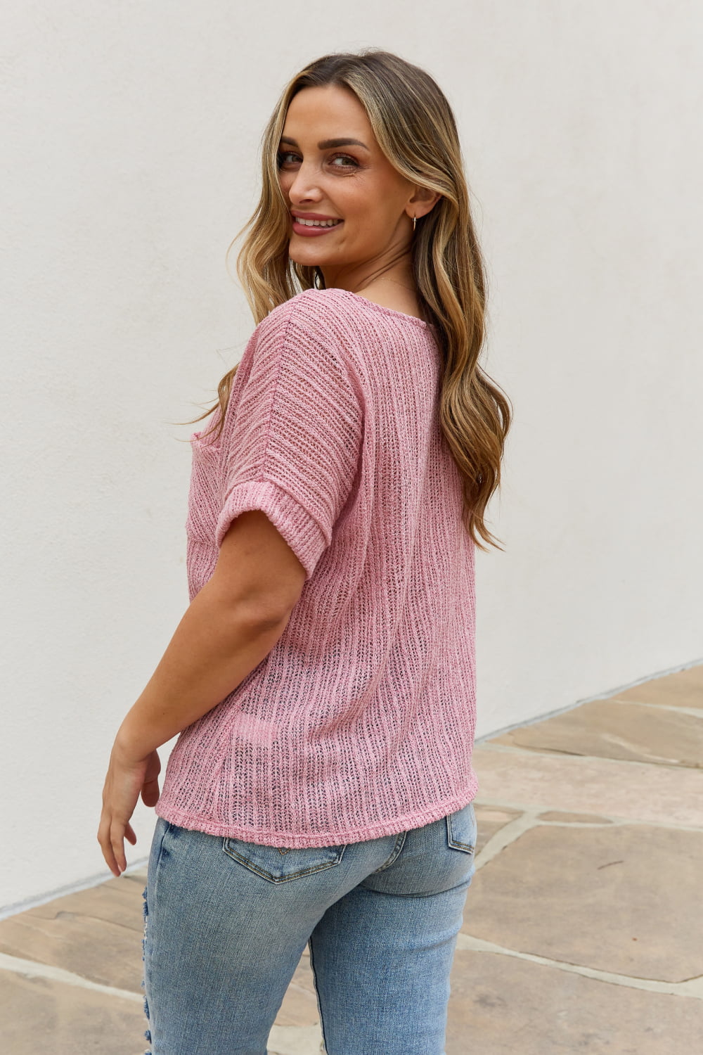 E.Luna Full Size Chunky Knit Short Sleeve Top In Mauve