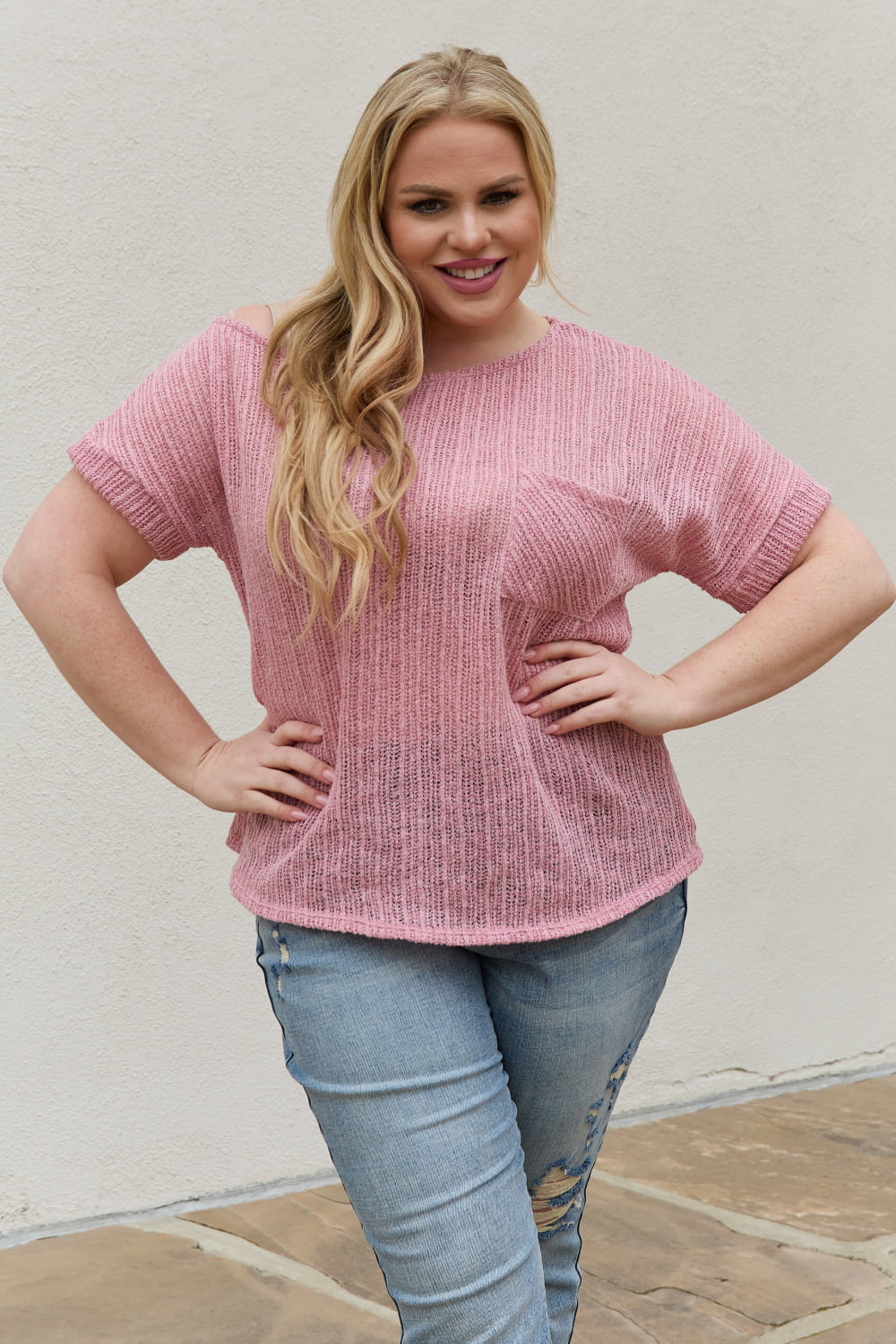 E.Luna Full Size Chunky Knit Short Sleeve Top In Mauve