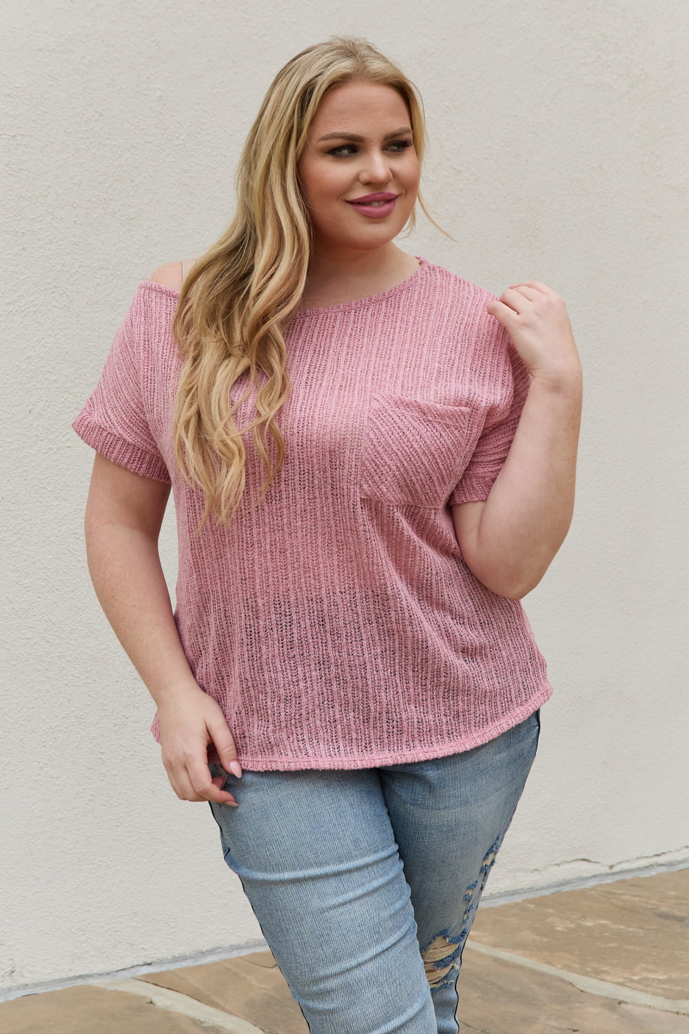 E.Luna Full Size Chunky Knit Short Sleeve Top In Mauve