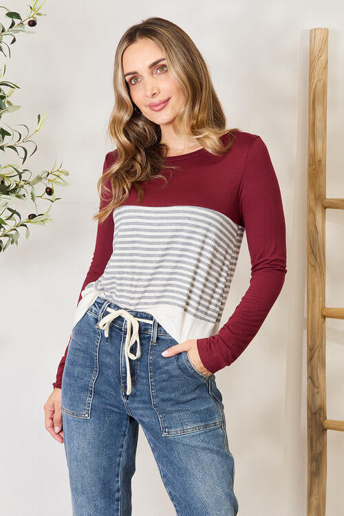 E.Luna Full Size Striped Contrast Long Sleeve Blouse