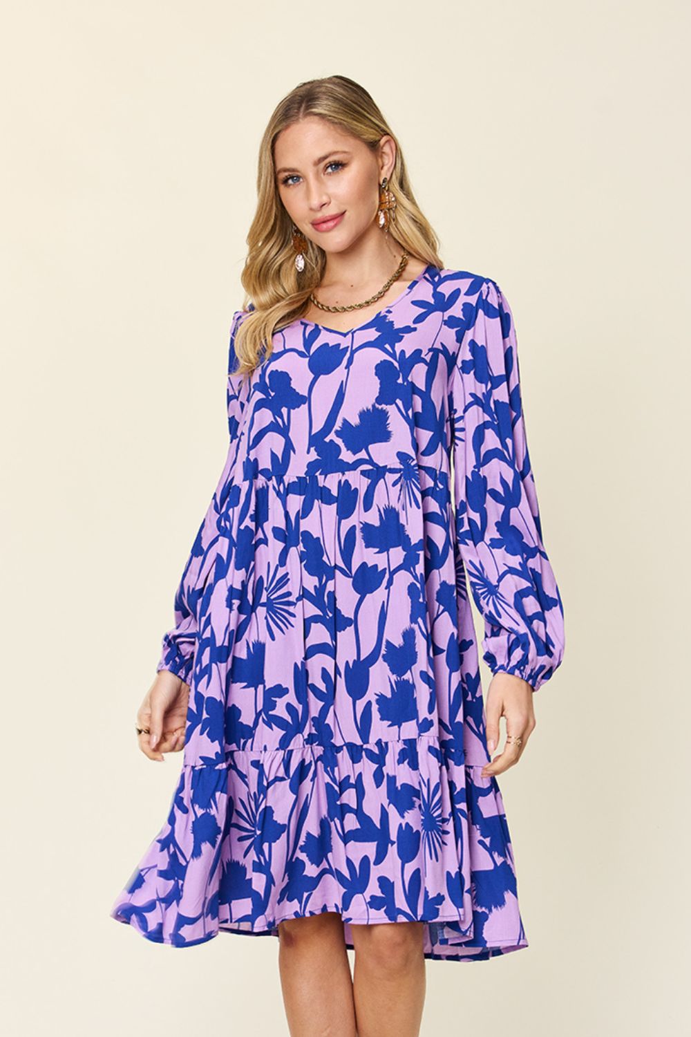 Double Take Full Size Printed Ruffle Hem Long Sleeve Dress