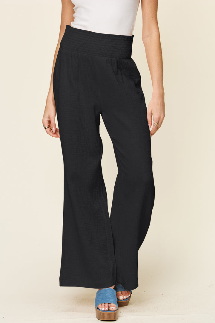 Double Take Full Size Texture Smocked Waist Wide Leg Pants