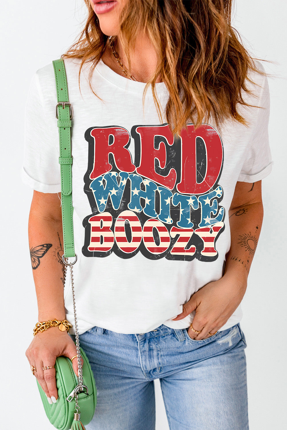 Red White and Boozy Graphic Round Neck Short Sleeve T-Shirt