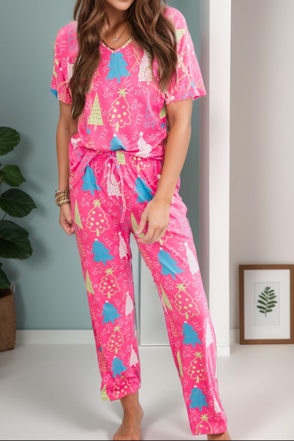 Printed V-Neck Short Sleeve Top And Pants Lounge Set