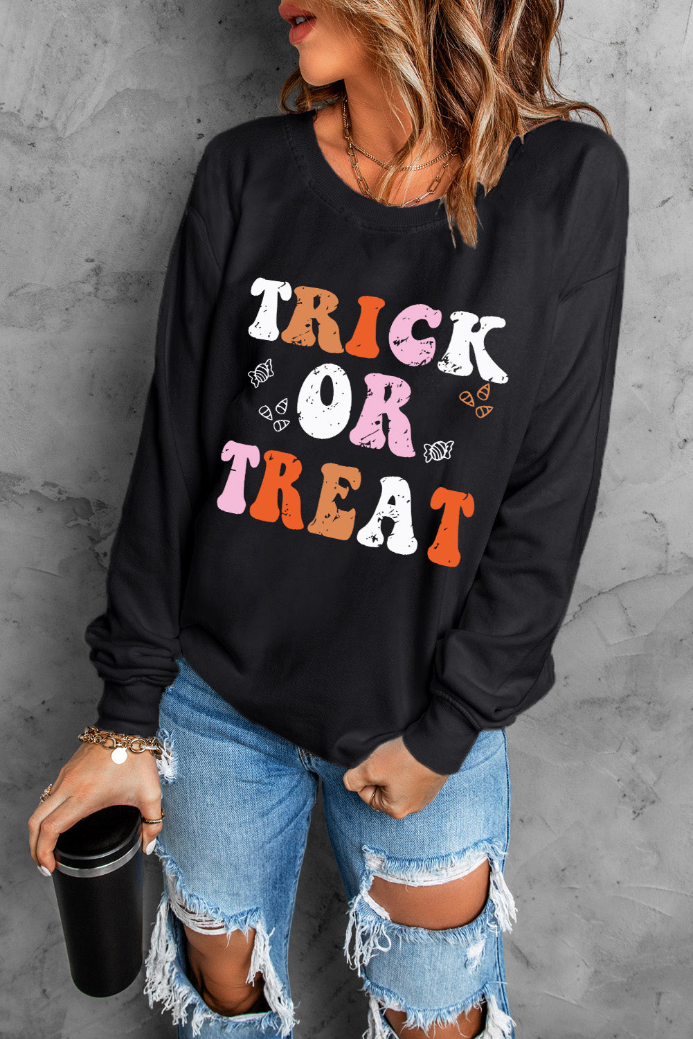 Trick or Treat Graphic Round Neck Long Sleeve Sweatshirt