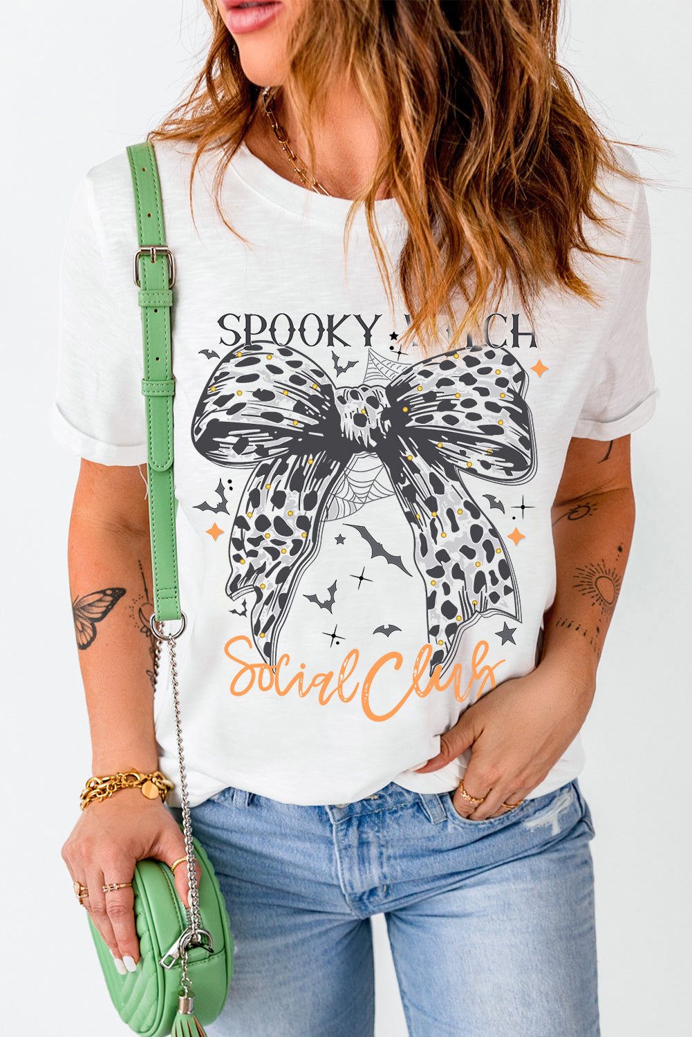 Spooky Witch Social Club Bow Graphic Round Neck Short Sleeve T-Shirt