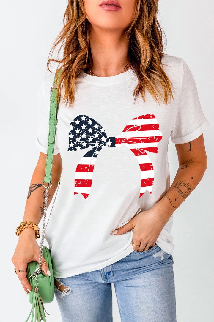 American Flag Bow Round Neck Short Sleeve T-Shirt