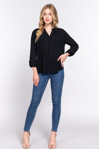 ACTIVE BASIC Full Size Notched Long Sleeve Woven Top-Ever Joy