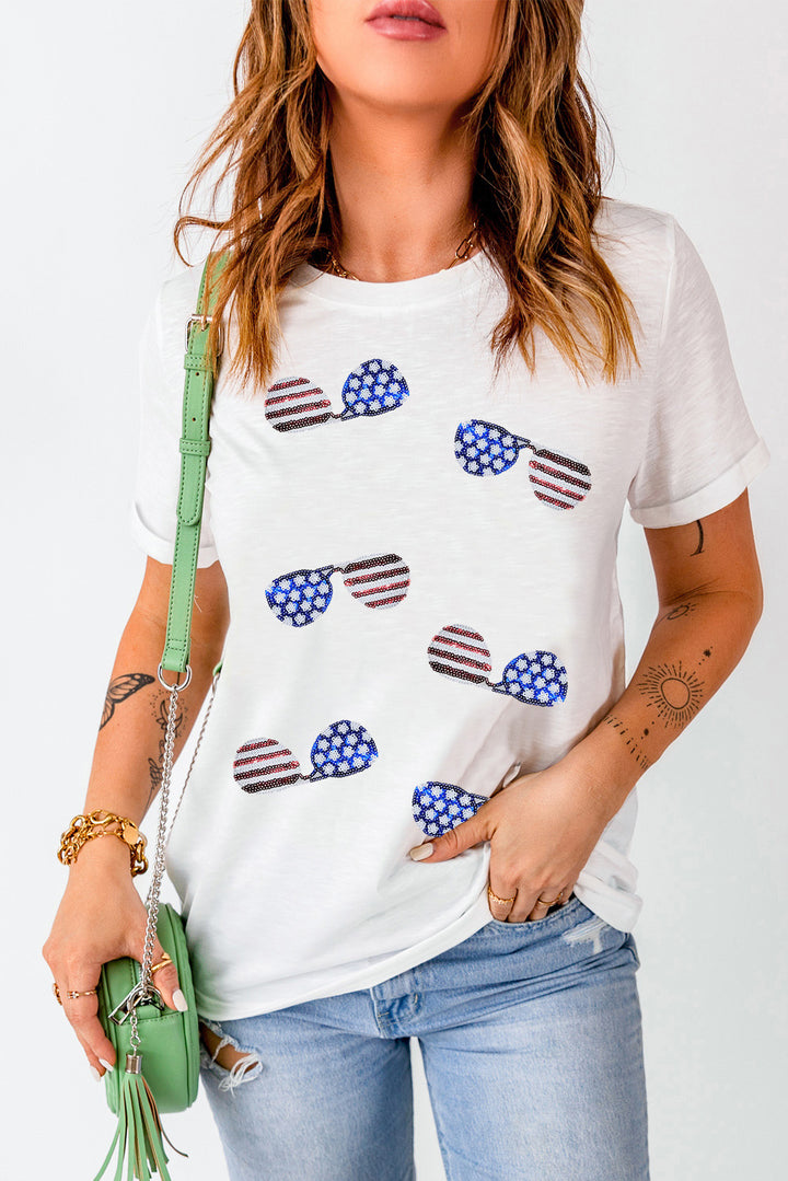 USA Sunglasses Sequin Round Neck Short Sleeve T-Shirt