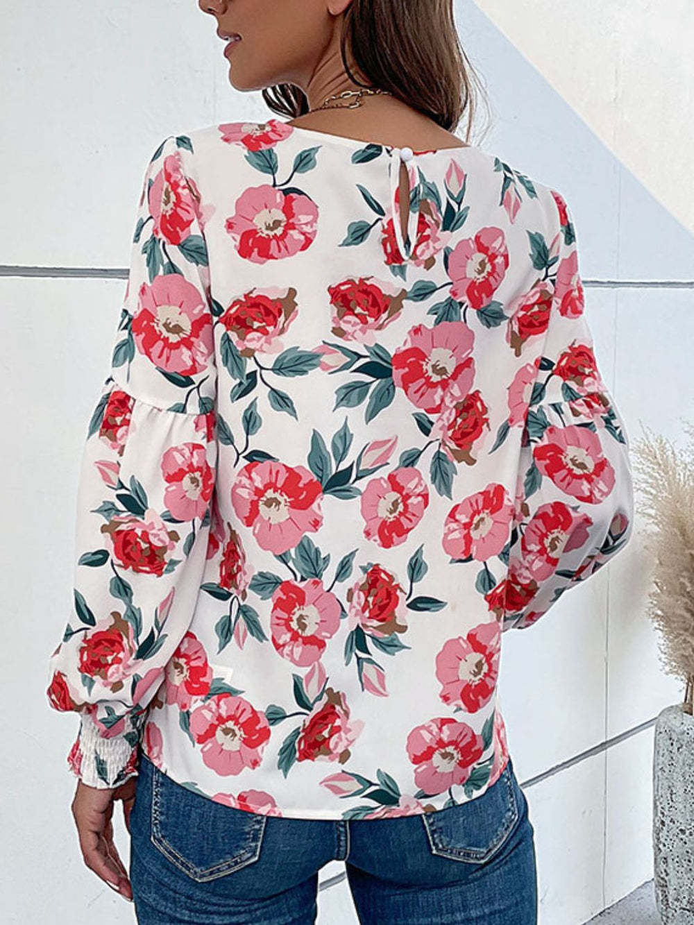 Floral Long Puff Sleeve Round Neck Blouse