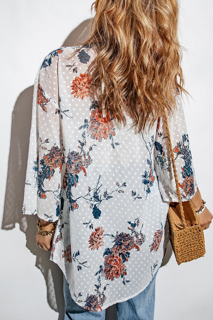 Floral Three-Quarter Sleeve Open Front Cardigan