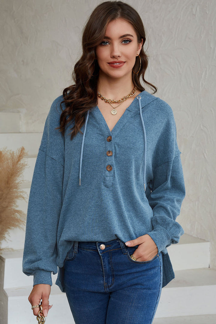 Full Size Buttoned Drop Shoulder High-Low Hoodie